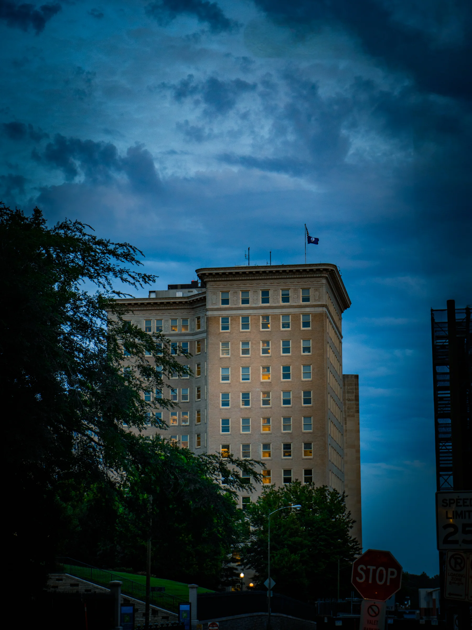 Neoclassical Office Tower at Blue Hour